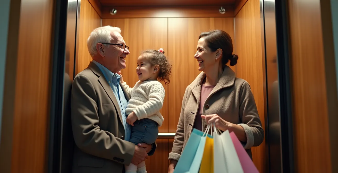 Scène familiale chaleureuse avec grands-parents et petits-enfants utilisant ensemble un ascenseur moderne