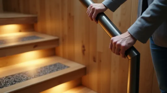 Personne âgée montant un escalier équipé de rampes sécurisées et d'un éclairage optimal