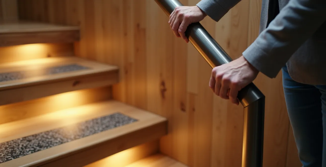 Personne âgée montant un escalier équipé de rampes sécurisées et d'un éclairage optimal