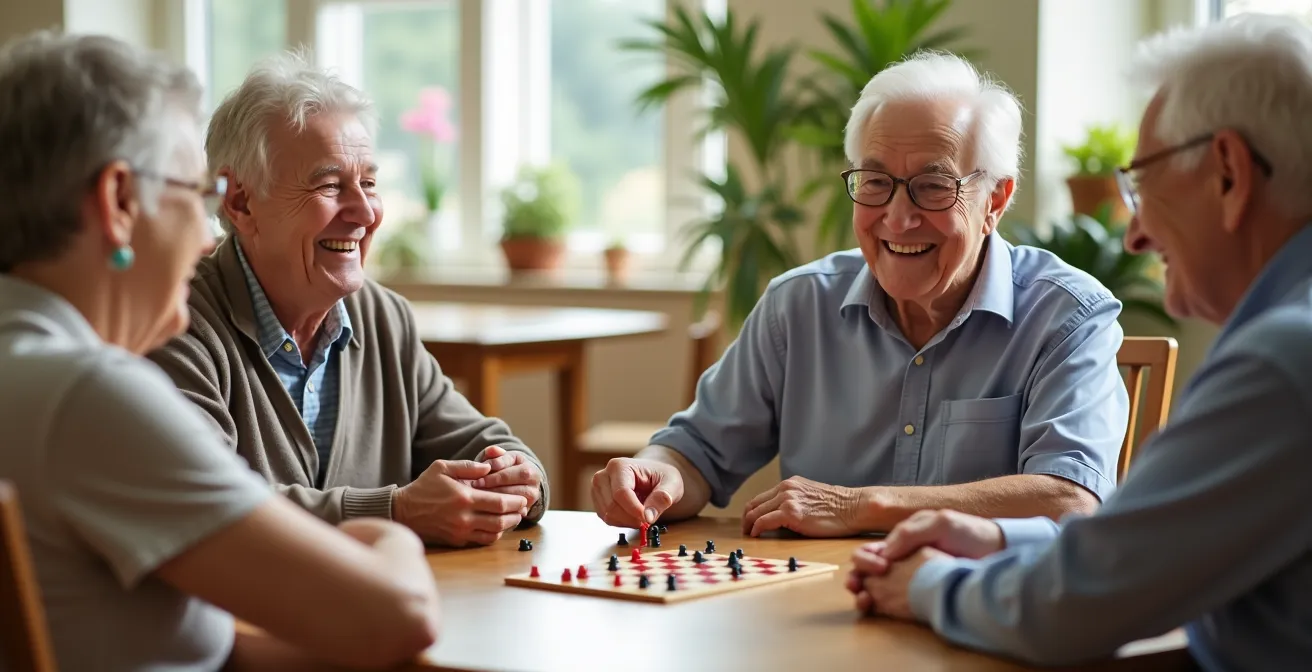 Groupe de seniors participant à une activité conviviale dans un espace commun lumineux