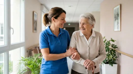 Aide-soignante accompagnant une résidente âgée dans un couloir lumineux d'EHPAD parisien