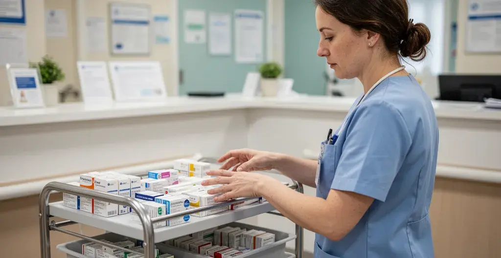 Infirmière préparant un chariot de médicaments dans une salle de soins d'EHPAD