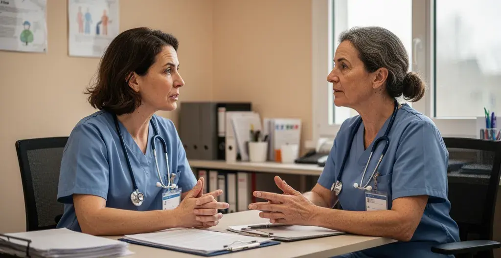 Échange entre deux soignantes lors d'une transmission d'équipe dans un bureau d'EHPAD