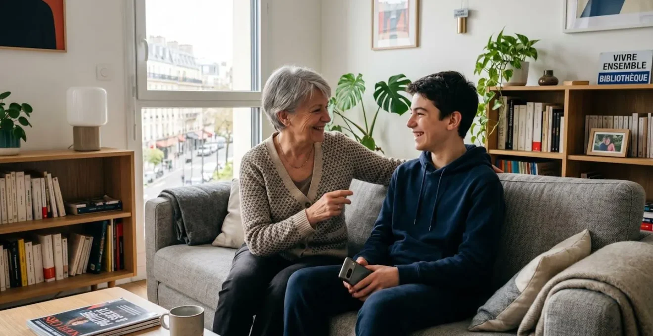 Une femme d'âge mûr assise aux côtés d'une personne âgée sur un canapé contemporain, échangeant un regard complice dans un salon lumineux