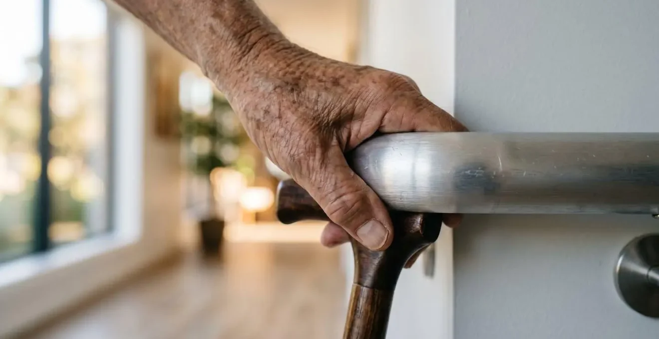 Gros plan d'une main âgée tenant fermement une canne tout en s'appuyant sur une rampe de sécurité moderne