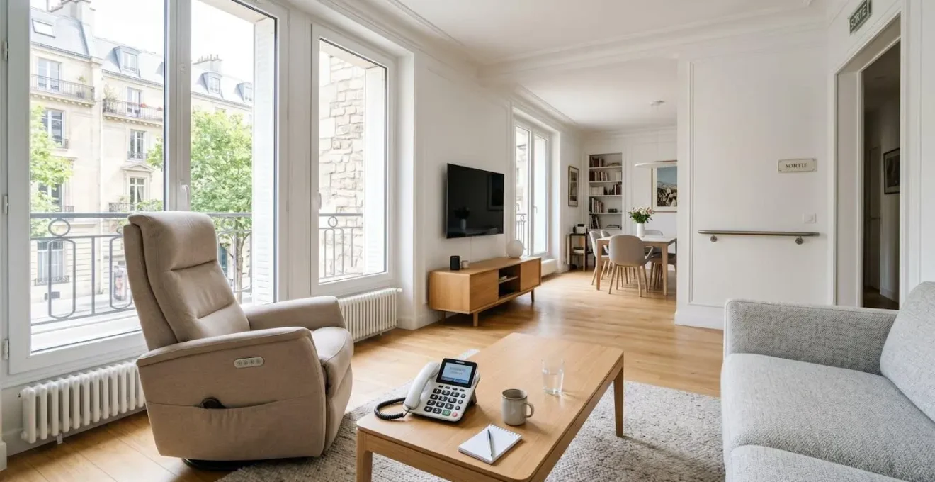 Vue grand angle d'un salon contemporain lumineux équipé d'un fauteuil ergonomique et d'un téléphone d'assistance visible sur la table basse
